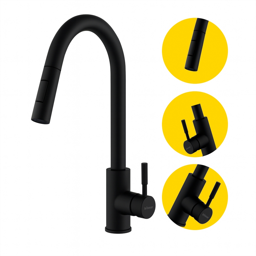 Torneira Misturador Gourmet 360º para Cozinha de Bancada com Spray Flexível Inox 304 Preta Brinovar
