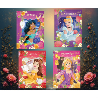 Kit com 4 Caderno Colegia Brochura Capa Dura Colegial Princesas 80 Folhas em Oferta na Shopee