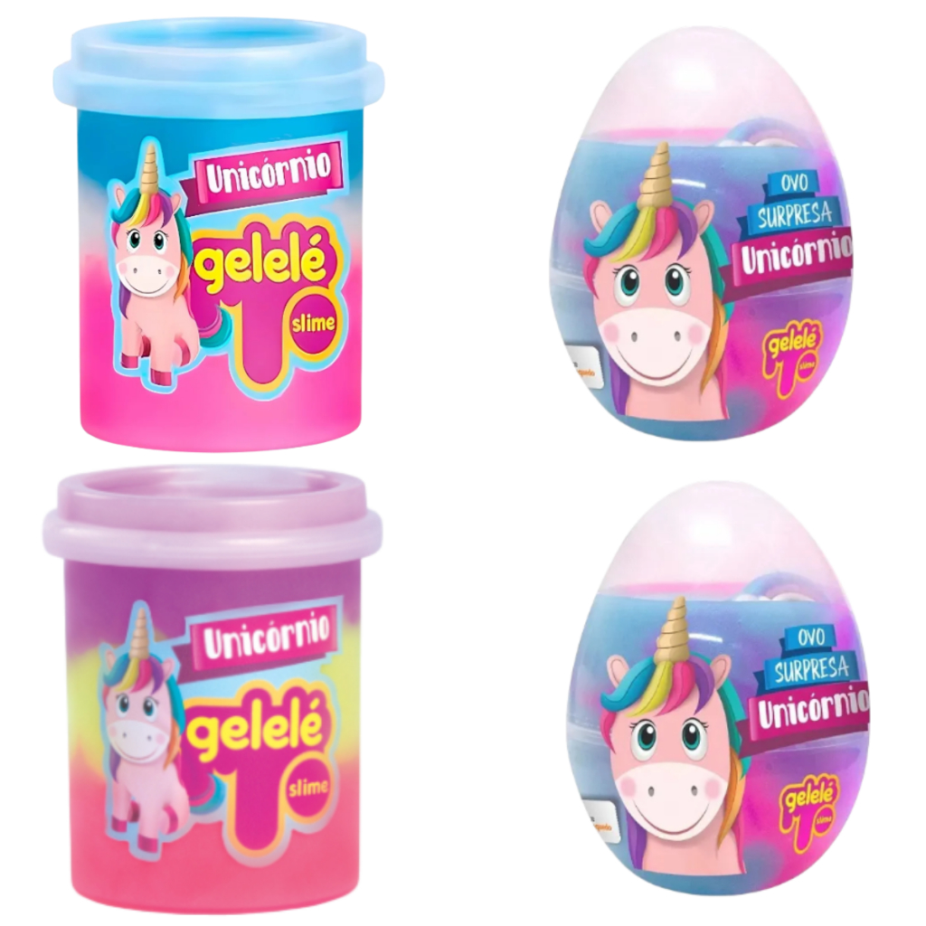 Kit Com 2 Slime Glitter + 2 Ovo Surpresa Unicórnio Brinquedo Colorido Massinha Modelar Gelelé