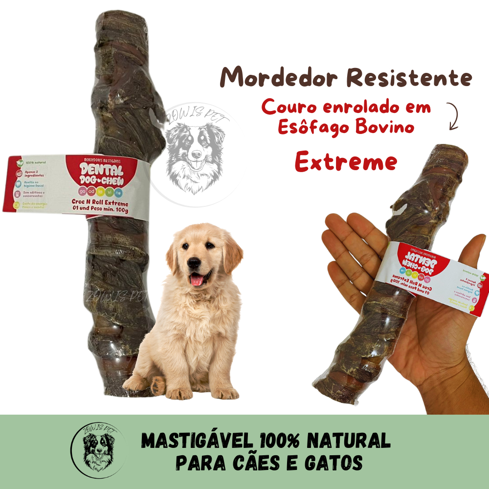 Mordedor Dental Croc n Roll Extreme para Cães Natural Couro e Esôfago Bovino – Good Lovin