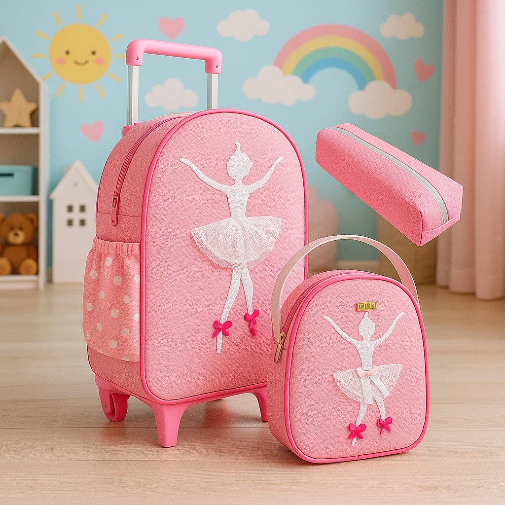 Kit Mochila Carrinho Rodinha Infantil Escolar Bichinho Bordada G + Lancheira Escolar + Estojo Volta as Aulas