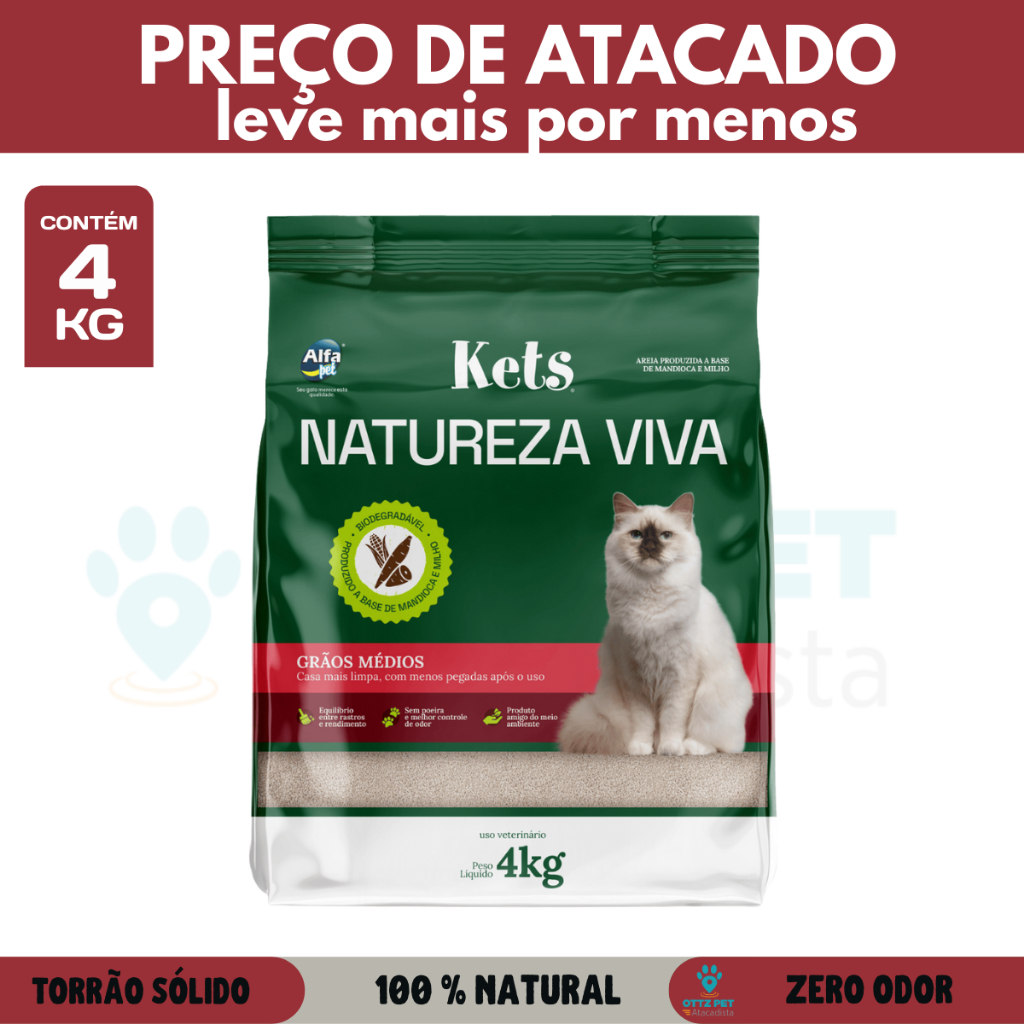 Areia Higiênica Biodegradável Kets Natureza Viva – Grãos Médios, Milho e Mandioca 4kg