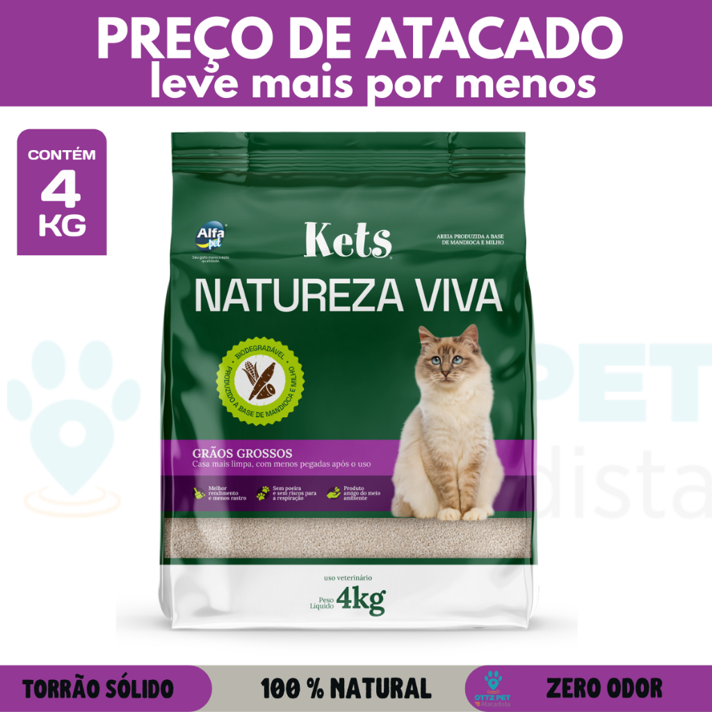 Areia Higiênica Biodegradável Kets Natureza Viva – Grãos Grossos, Milho e Mandioca 4kg