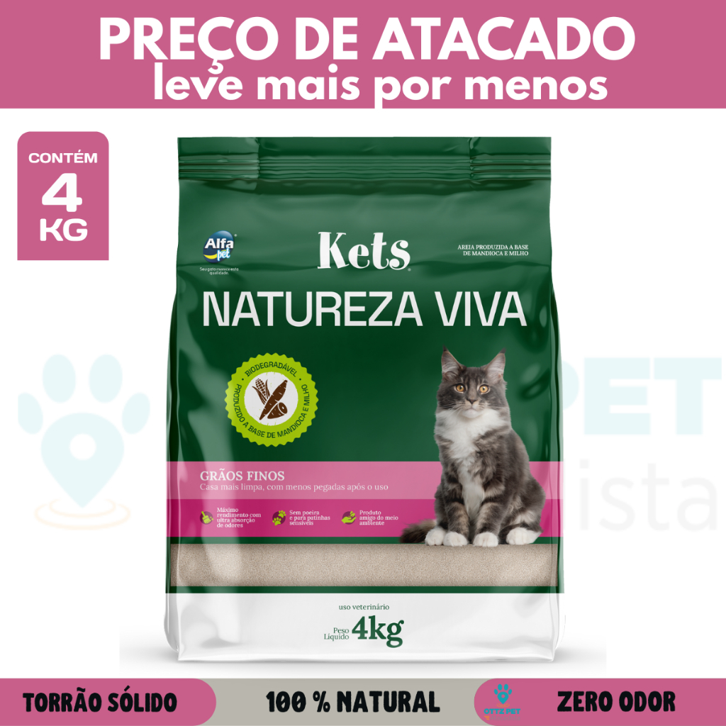 Areia Higiênica Kets Natureza Viva – Grãos Finos, Milho e Mandioca 4kg