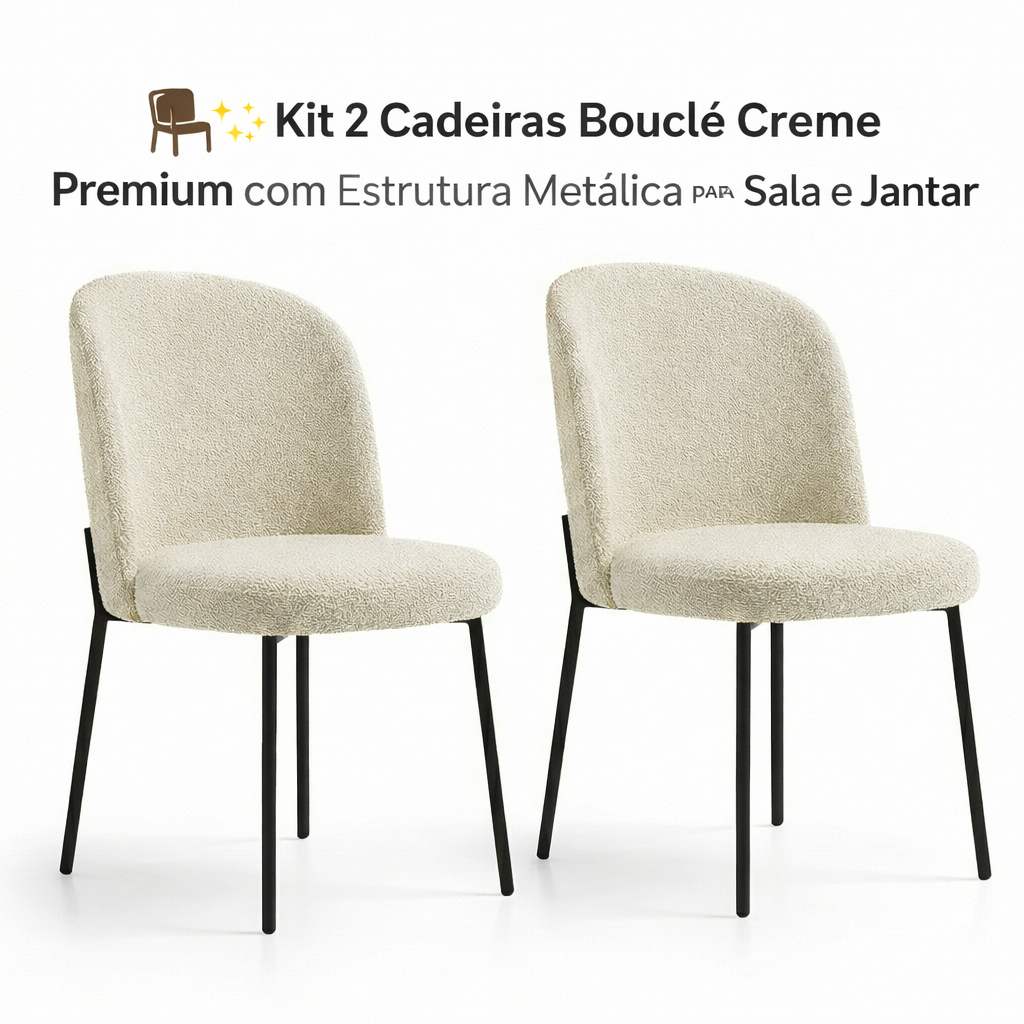 🪑✨ Kit 2 Cadeiras Bouclé Creme Premium com Estrutura Metálica para Sala e Jantar