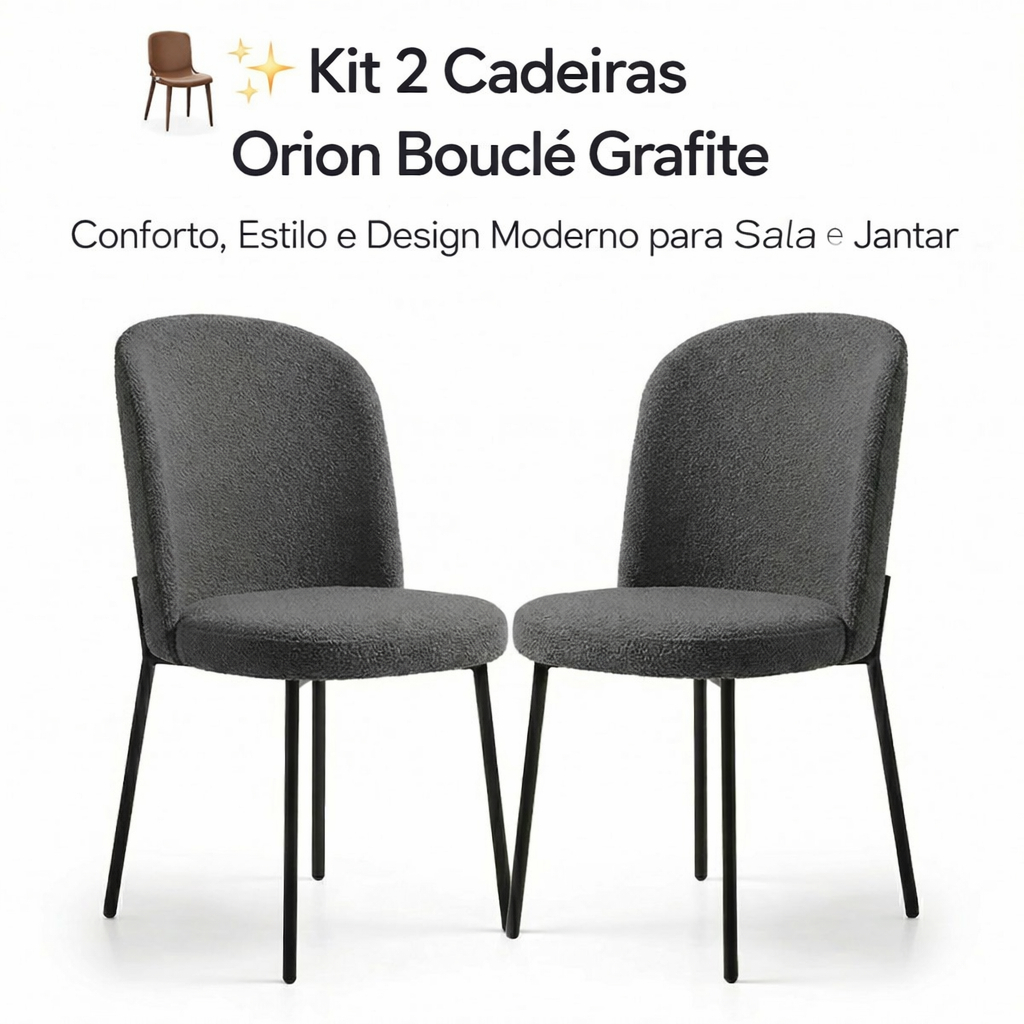 🪑✨ Kit 2 Cadeiras Orion Bouclé Grafite – Conforto, Estilo e Design Moderno para Sala de Jantar