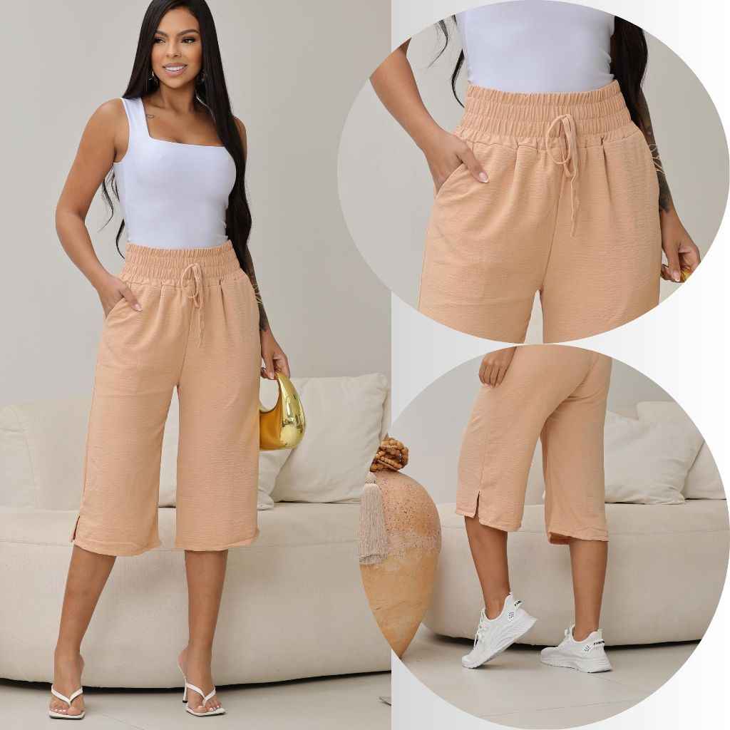 PANTACOUR CAPRI FIMININO DUNA FORRADA CINTURA ELASTICO COM BOLSO em Oferta na Shopee
