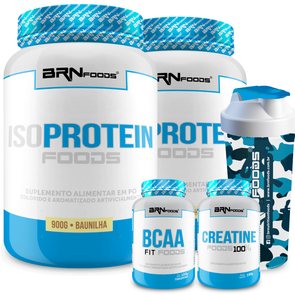 Kit 2x Whey Protein Iso Protein 900g + Creatina 100% 100g + BCAA 100g + Coqueteleira - BRN Foods em Oferta na Shopee