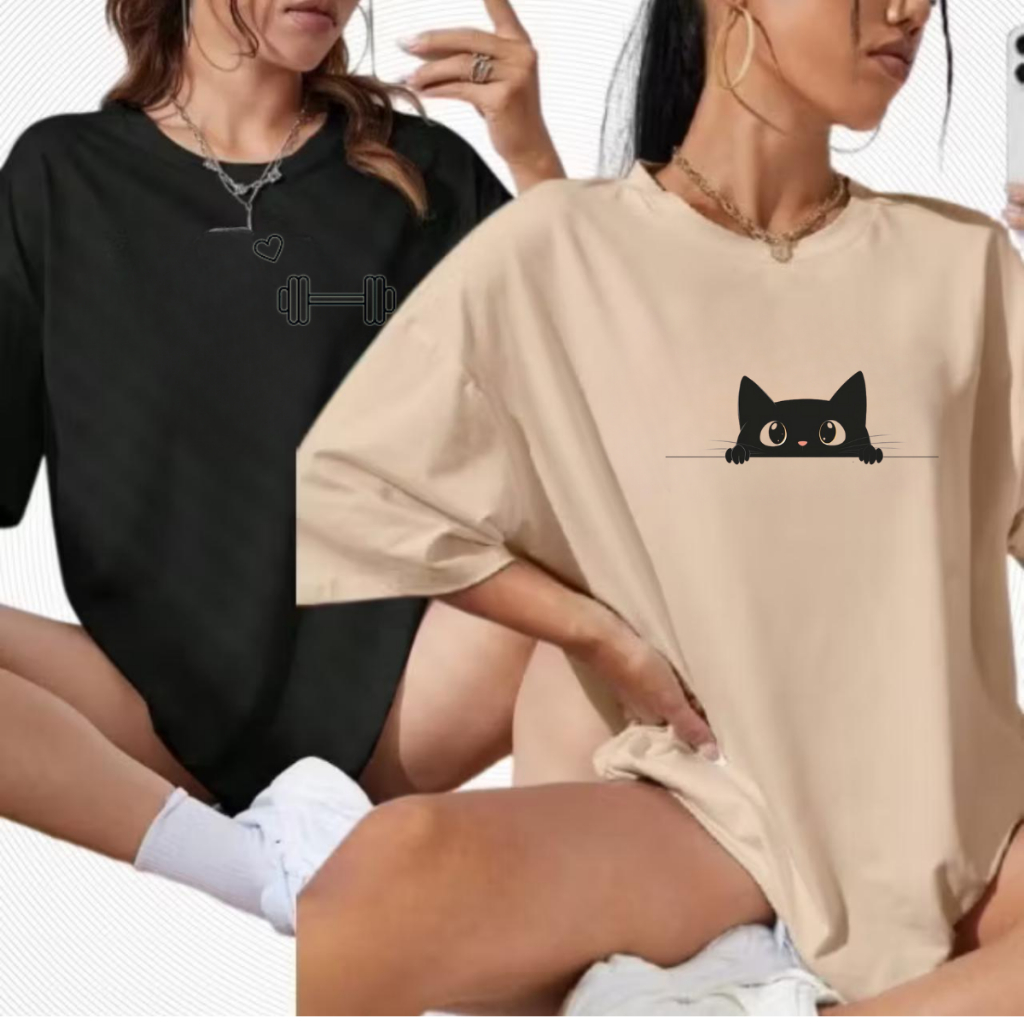 Kit 2 Camisetão Feminina Streetwear Oversized Halter Gatinho 100% Algodão Gym Academia