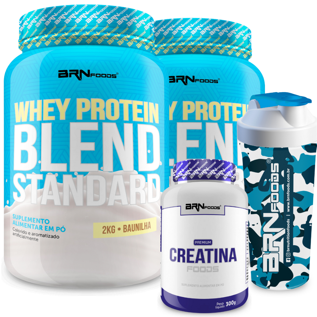 Kit 2x Whey Protein Blend Standard 2kg + Premium Creatina 300g + Coqueteleira - BRN Foods em Oferta na Shopee