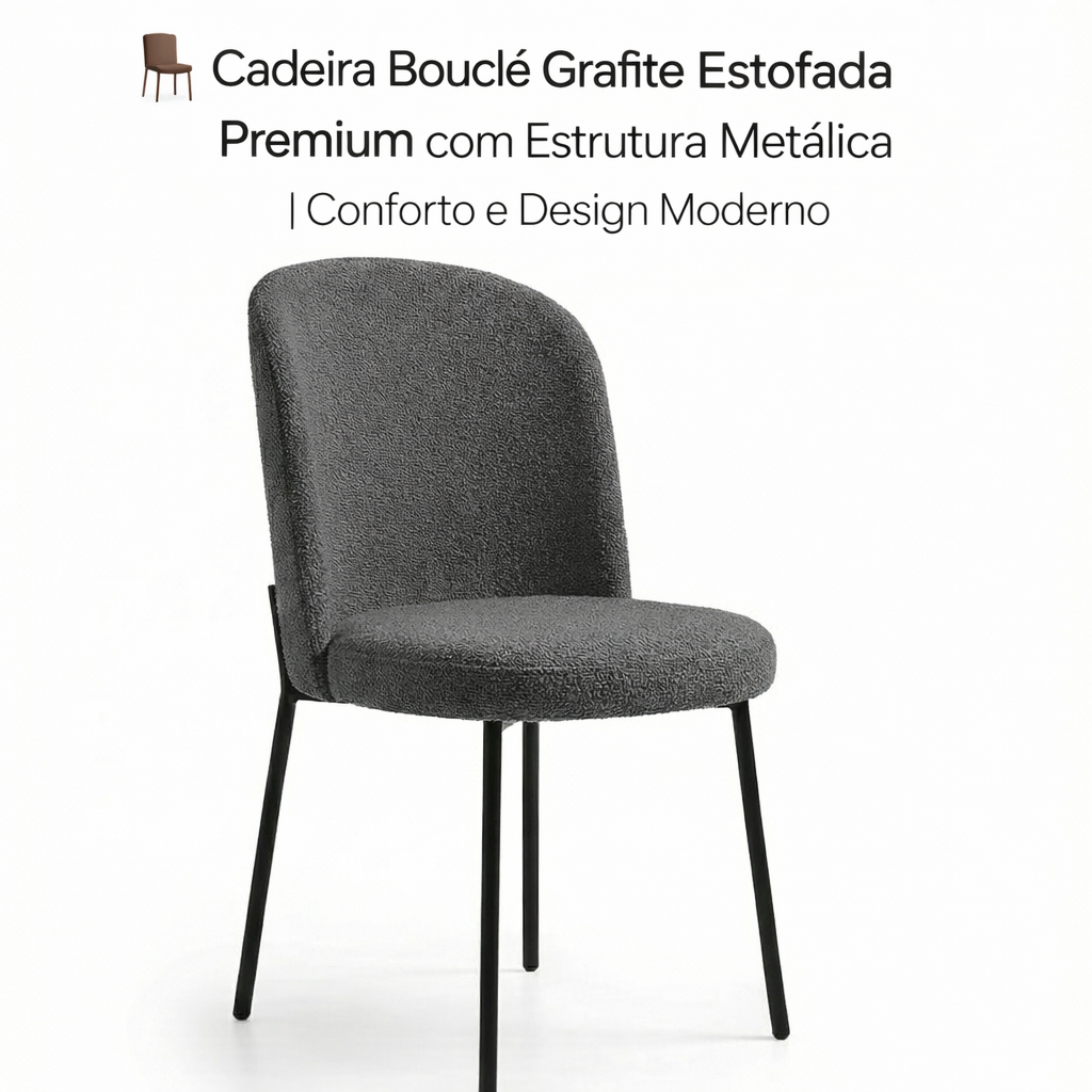 🪑 Cadeira Bouclé Grafite Estofada Premium com Estrutura Metálica | Conforto e Design Moderno
