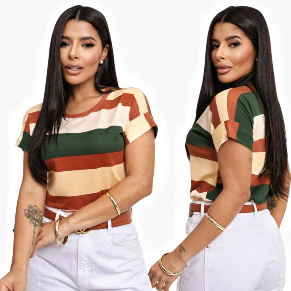 Blusa Camiseta Básica Listrada Feminina Estilo Moderno Moda Verão Inverno Manga Curta Japonesa Branco Marrom em Oferta na Shopee