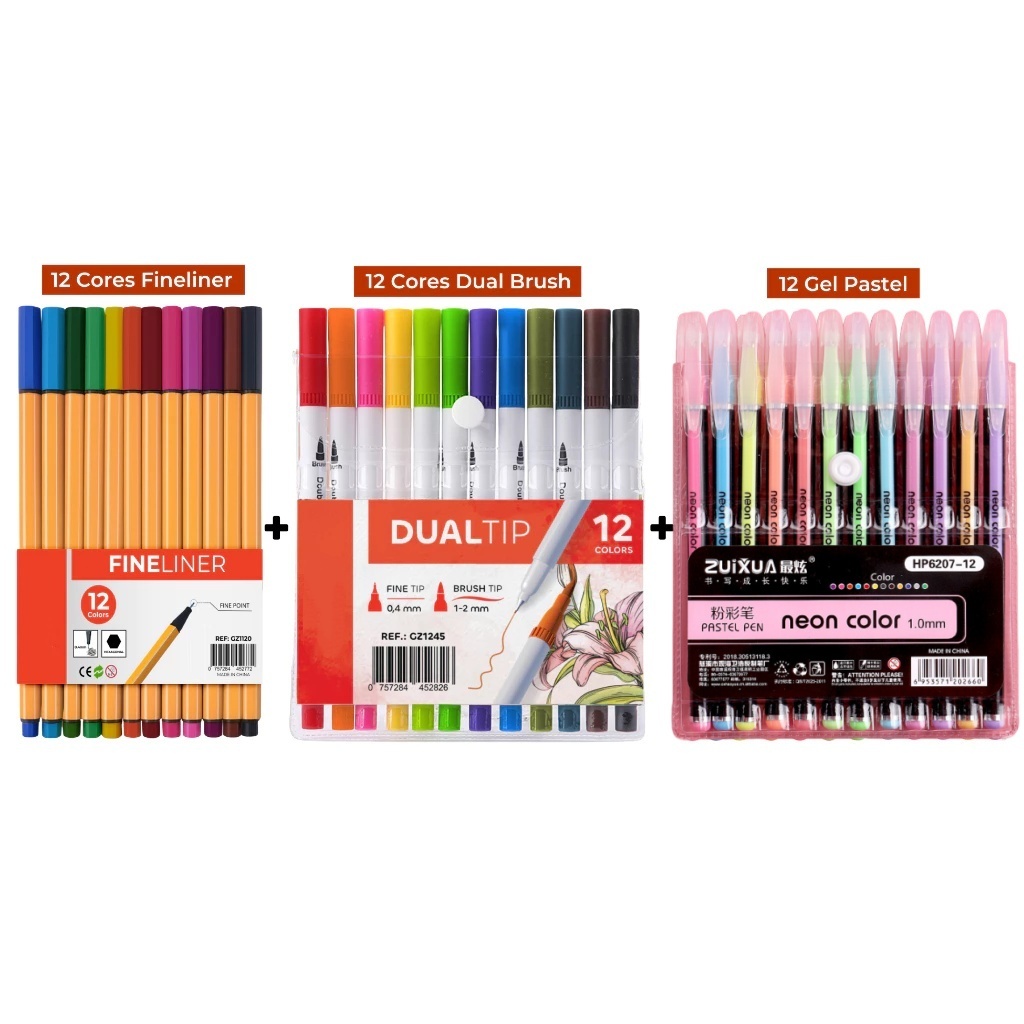 Kit Canetas Coloridas Ponta Fina 12 Cores + 12 Cores Dual Brush + 12 Gel Pastel ou Neon em Oferta na Shopee