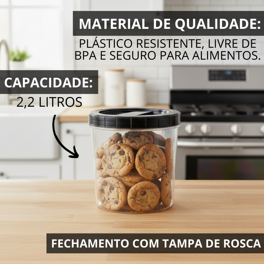 Potes Plástico Tampa com Rosca Ótima Vedação 2,2L 3 Peças Porta Mantimentos