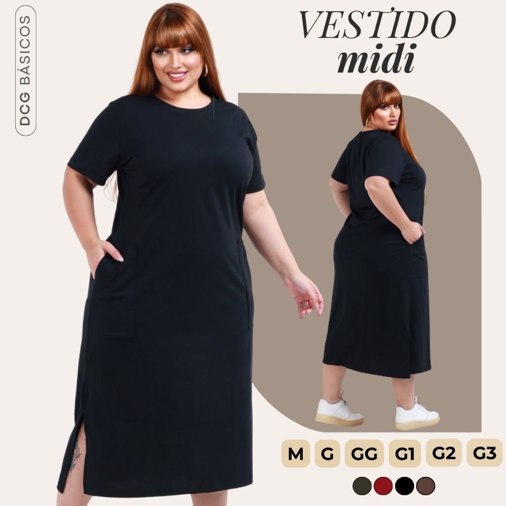 Vestido Feminino Midi Plus Size Gola Redonda Casual Com Bolso e Fenda Lateral M ao G3 em Oferta na Shopee
