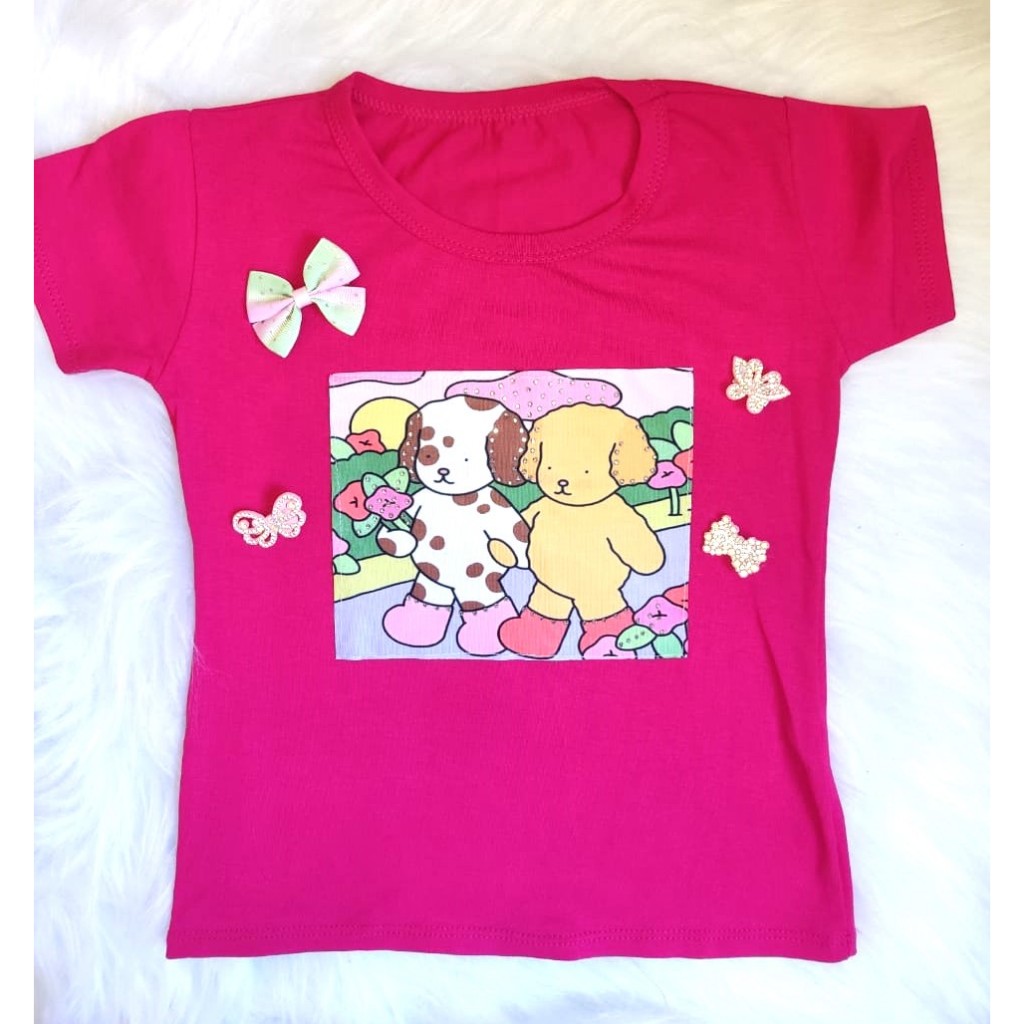 Kit de 2 Blusinhas / Camisetinhas Infantil Menina Estampa Personagens e Brilhos - macias e confortáveis para o dia