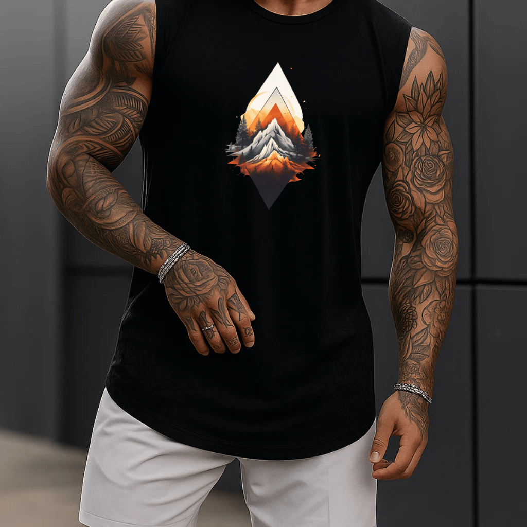 Regata Masculina Academia Algodão Cenario Montanhas100% Estampada Premium Treino Fitness Casual Streetwear Verão