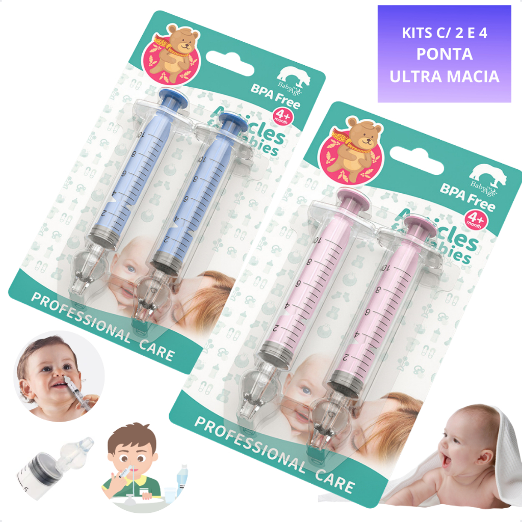 Kit 2 ou 4 Seringas Lavador Aspirador Nasal Limpeza Infantil Bico Silicone Nariz Bebê Livre BPA Free