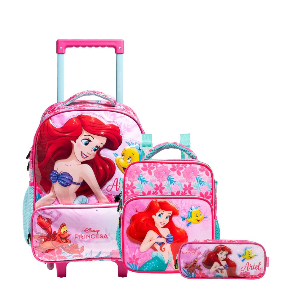 Mochila, Mala Escolar com Rodinhas 16", Lancheira e Estojo Pequena Sereia Ariel Xeryus
