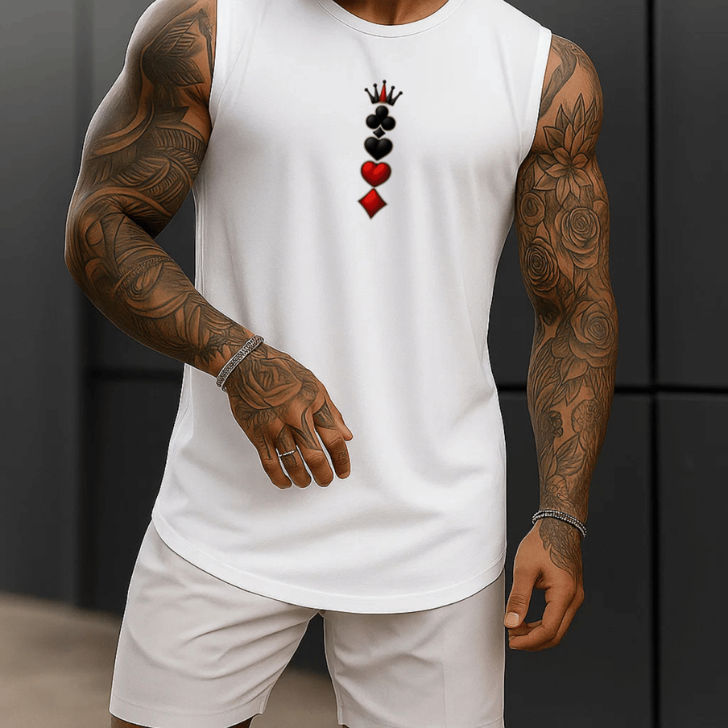 Regata Masculina Academia Algodão Naipes Cartas 100% Estampada Premium Treino Fitness Casual Streetwear Verão