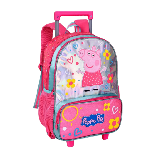 Mochila de Rodinha Peppa Pig Infantil Acabamento Holográfico e Alças Ajustáveis Clio
