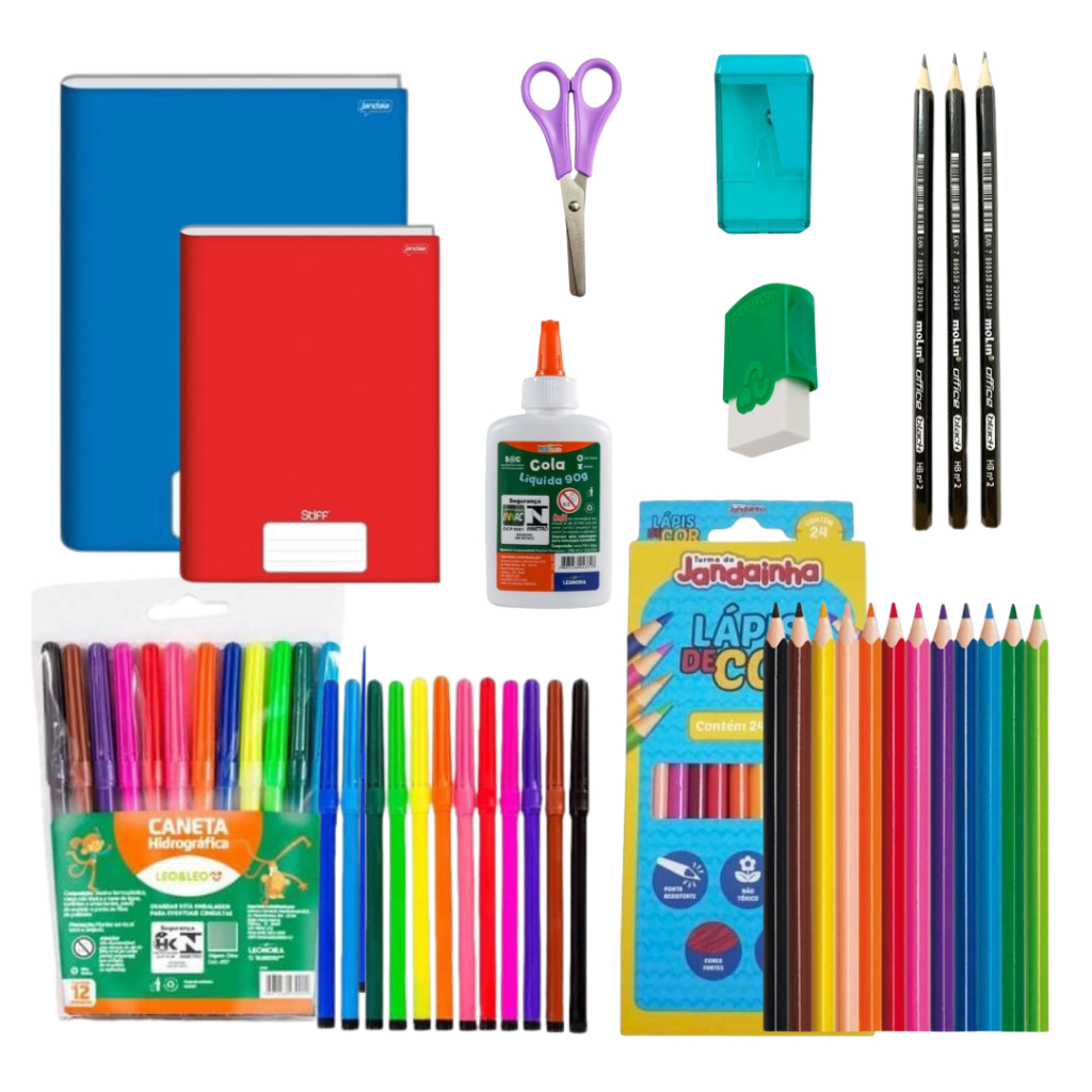 KIT ESCOLAR INFANTIL COM 33 ITENS DE QUALIDADE COM ENTREGA RÁPIDA em Oferta na Shopee