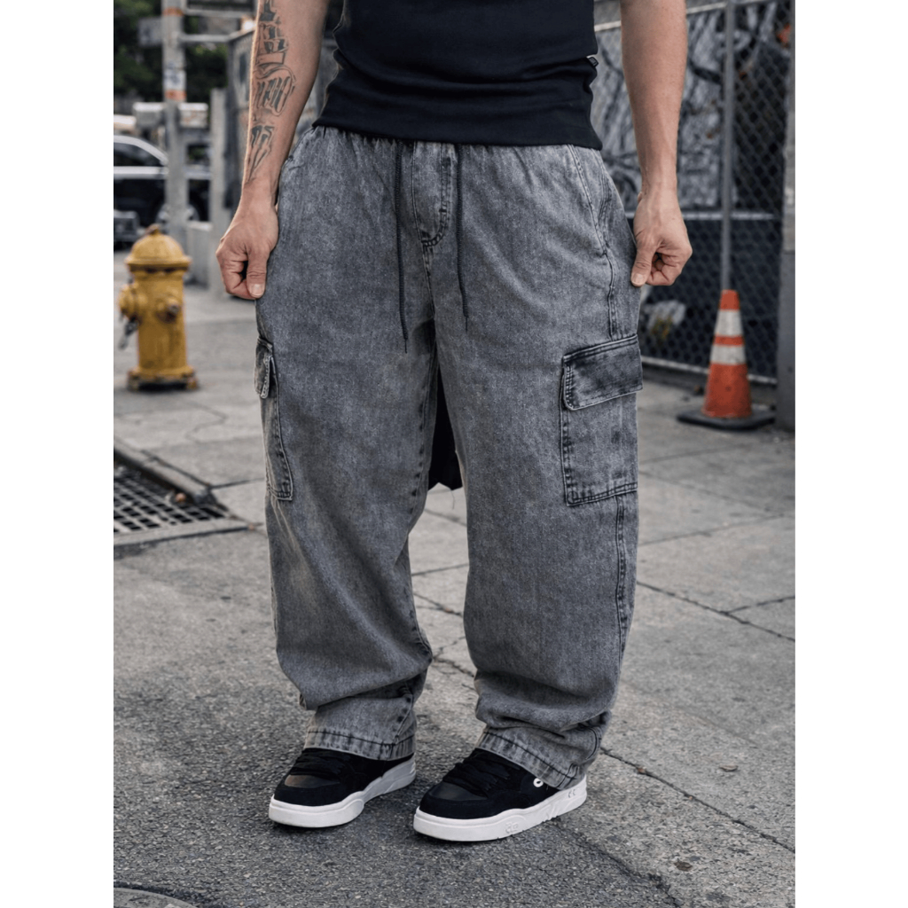 Calça Jeans Cinza Balão Cargo Streetwear em Oferta na Shopee