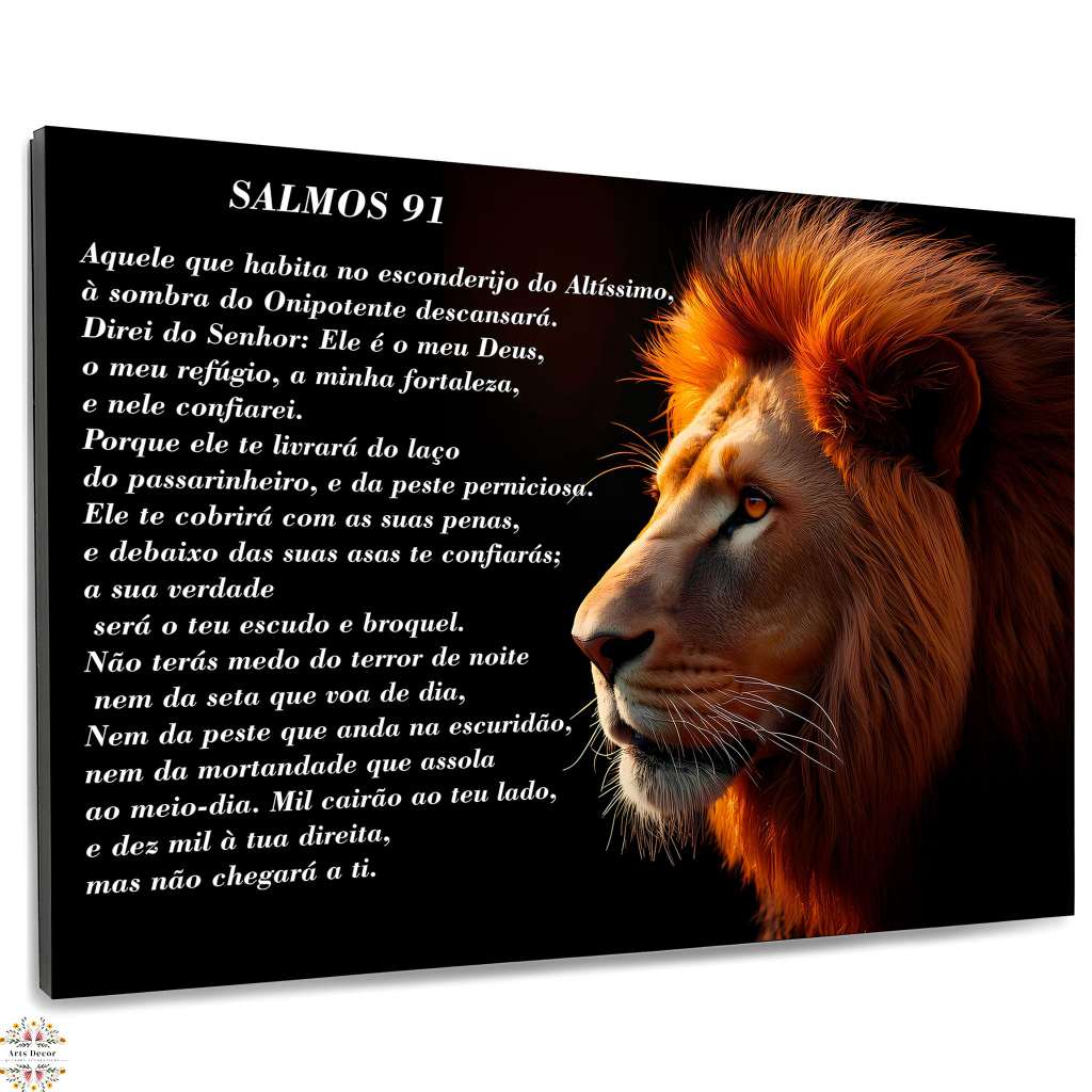 Quadro Decorativo Religioso Leão de Judá Salmos 91 Bíblia Fé Sala Quarto