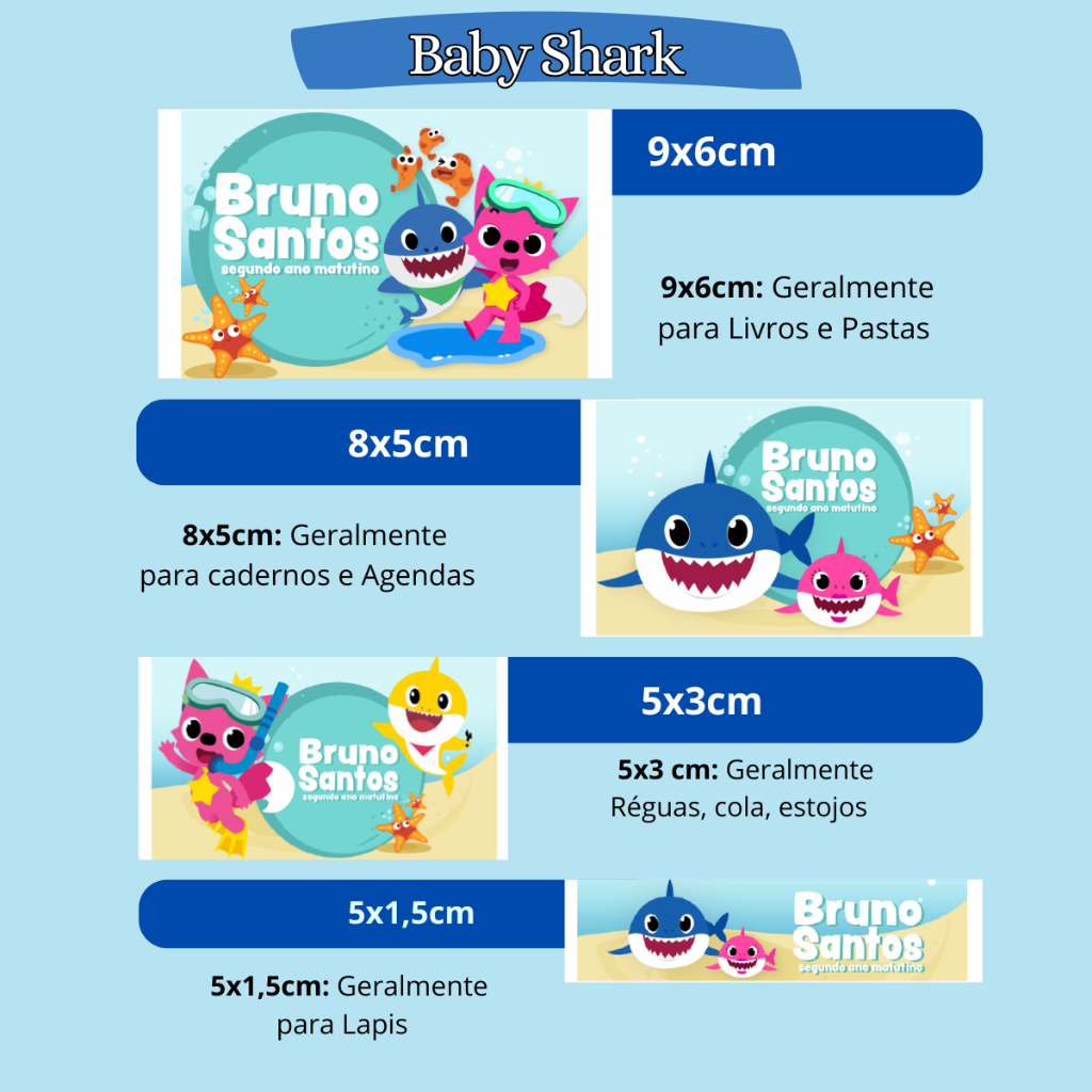 ETIQUETA ADESIVO ESCOLAR BABY SHARK PERSONALIZAMOS VARIOS TEMAS