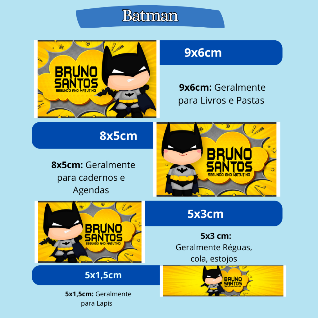 ETIQUETA ADESIVO ESCOLAR BATMAN PERSONALIZAMOS VARIOS TEMAS