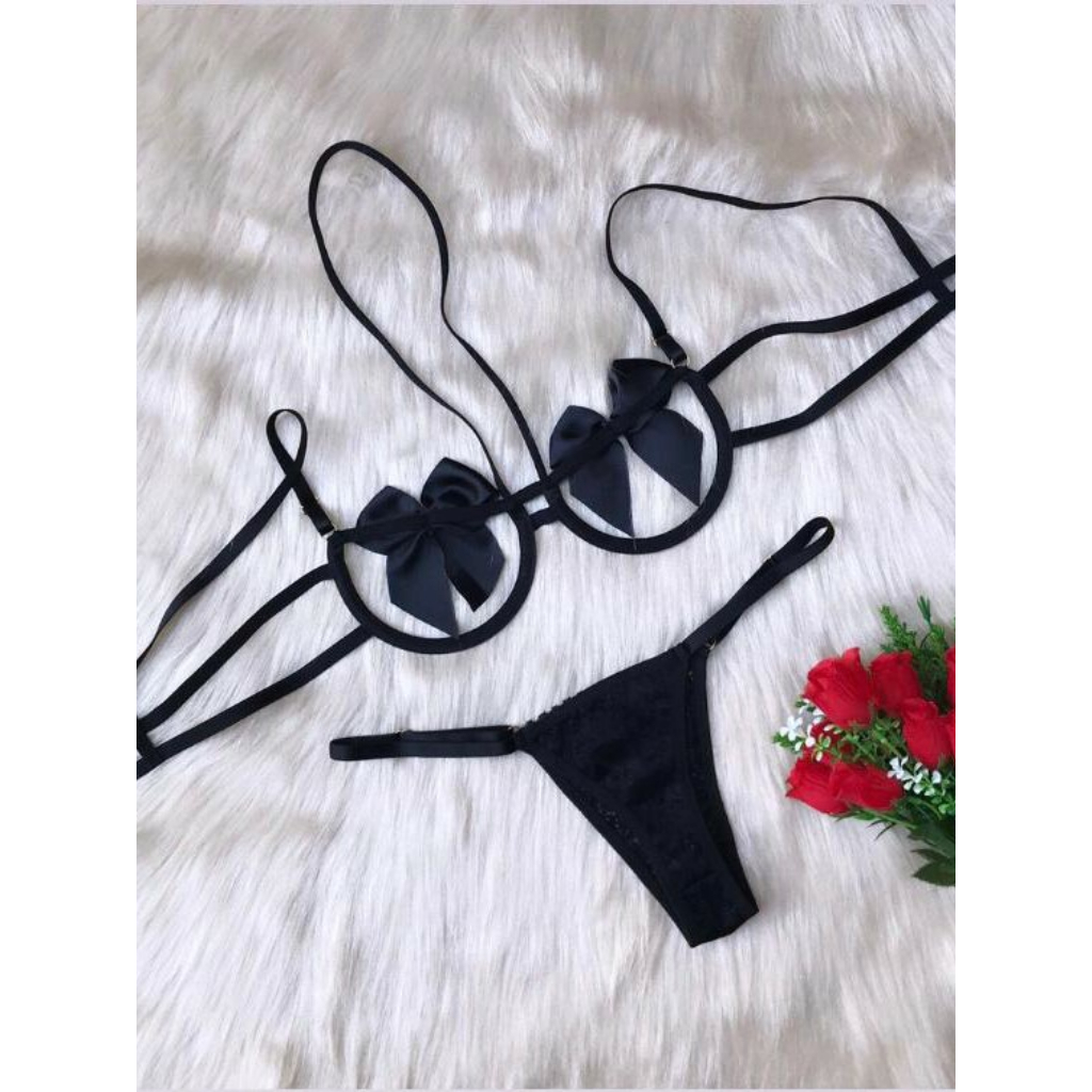 Conjunto Laço Lingerie Sexy Calcinha Fio Renda e Sutiã com Aro Luxo Sexy Sensual Dia dos Namorados