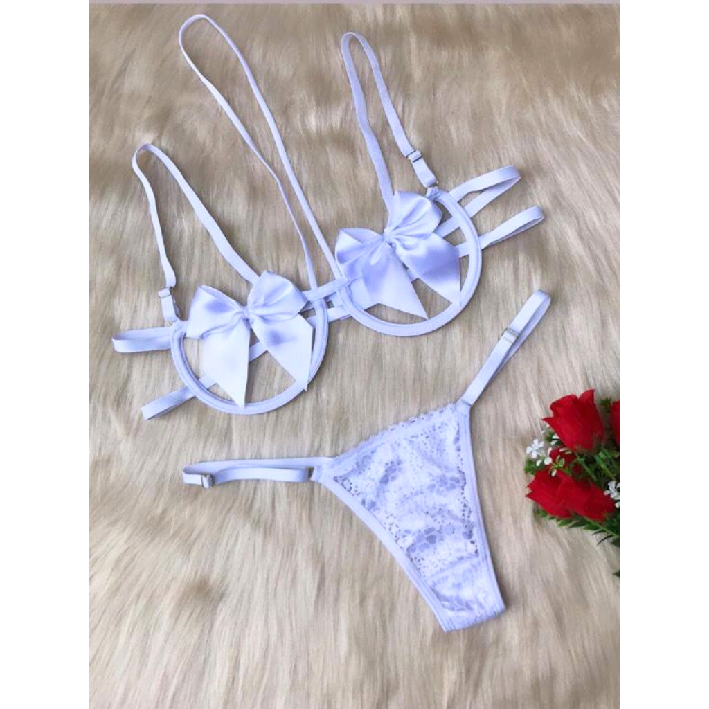 Detalhes do Conjunto Laço Lingerie Sexy Calcinha Fio Renda e Sutiã com Aro Luxo Sexy Sensual Dia dos Namorados