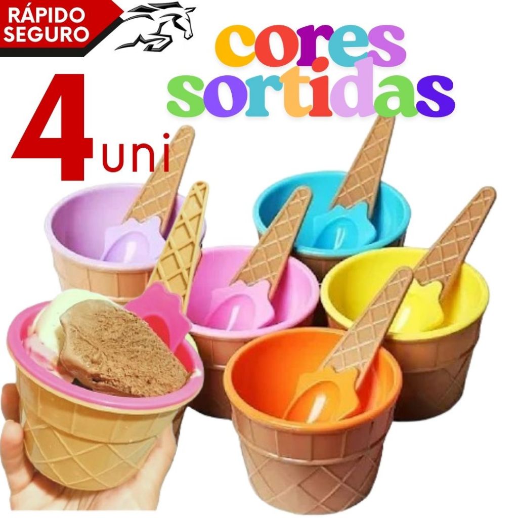 Kit Jogo de Potinhos Marmita de Plástico Infantil para Sorvete Salada Frutas Sobremesa