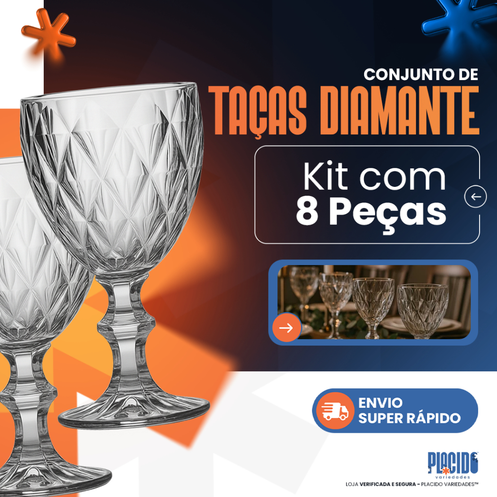 Jogo 8 Taças de Vidro Diamond Kit Transparente Luxo Suco Água Abacaxi Gourmet Bico De Jaca 330ml