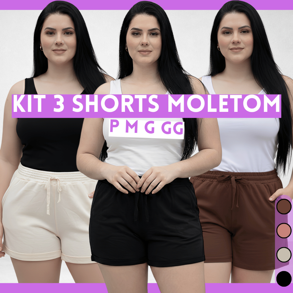 Kit 3 Bermuda Feminina Moletom  Verão Conforto P M G GG Lazer Elegante Praia Passeio Festa Blogueira