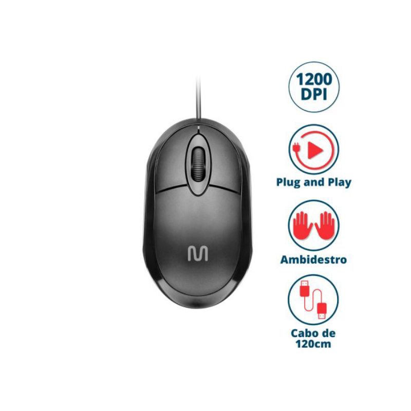 Mouse com fio Multilaser - MF100 Preto 3 botões 1,2mts