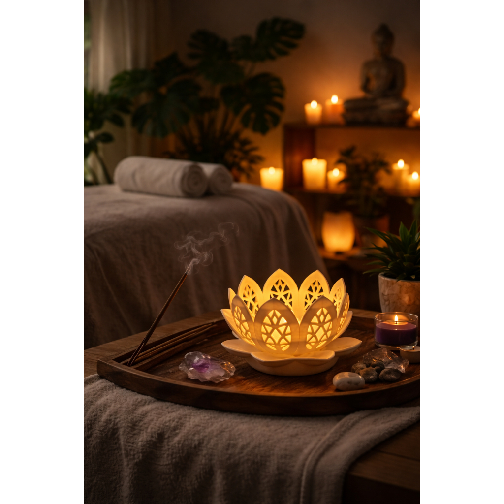 Imagem Luminária Flor de Lótus Decorativa com Vela LED | Luz Zen Aconchegante | Presente Relaxante