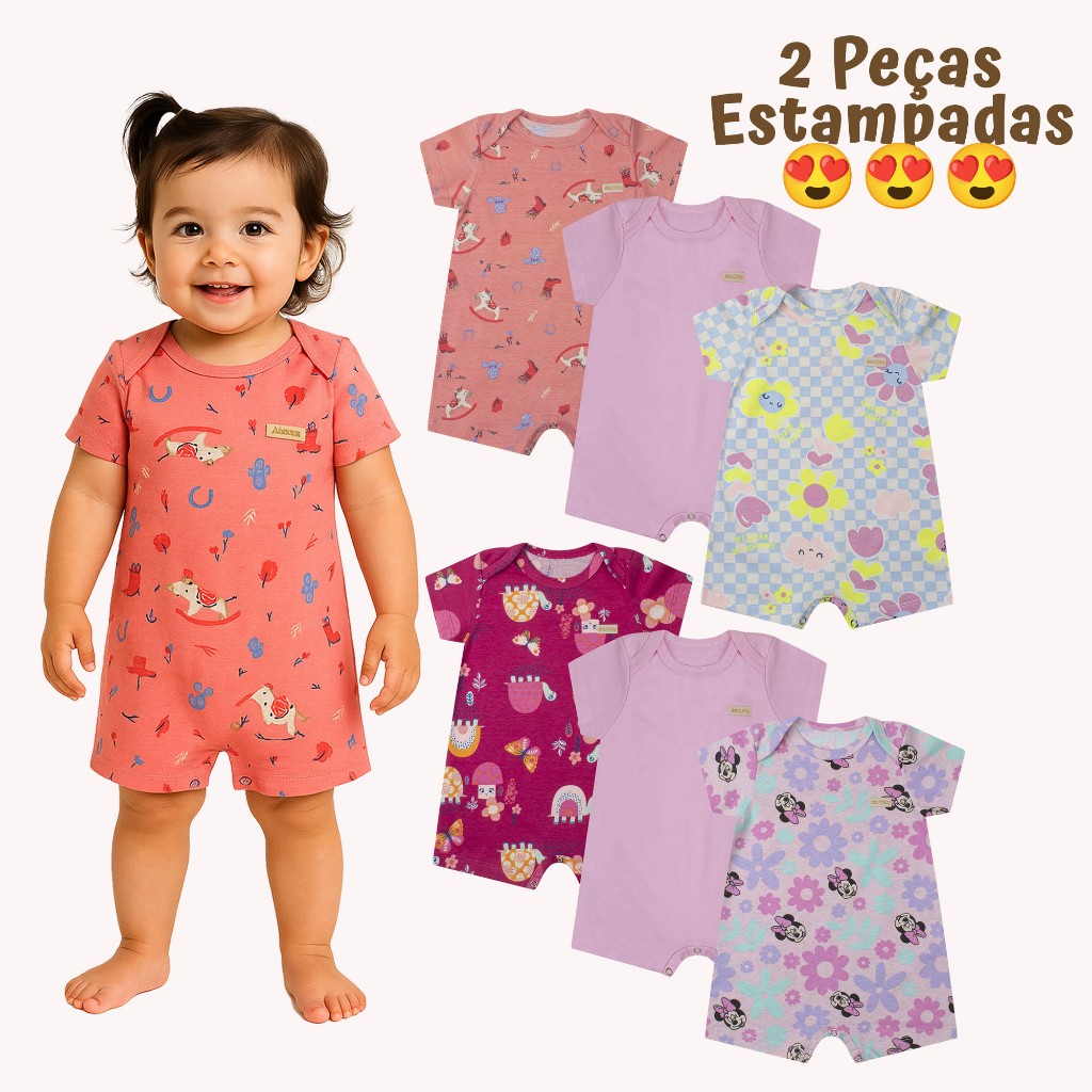 Kit 3 Romper Meia Malha Liso e Estampado - Menina - 100% Algodão - Verão - Tamanhos 1/2/3/P/M/G