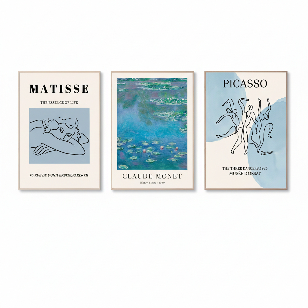 Quadros decorativos Azul henri matisse Monet Picasso William Morris (3 peças)
