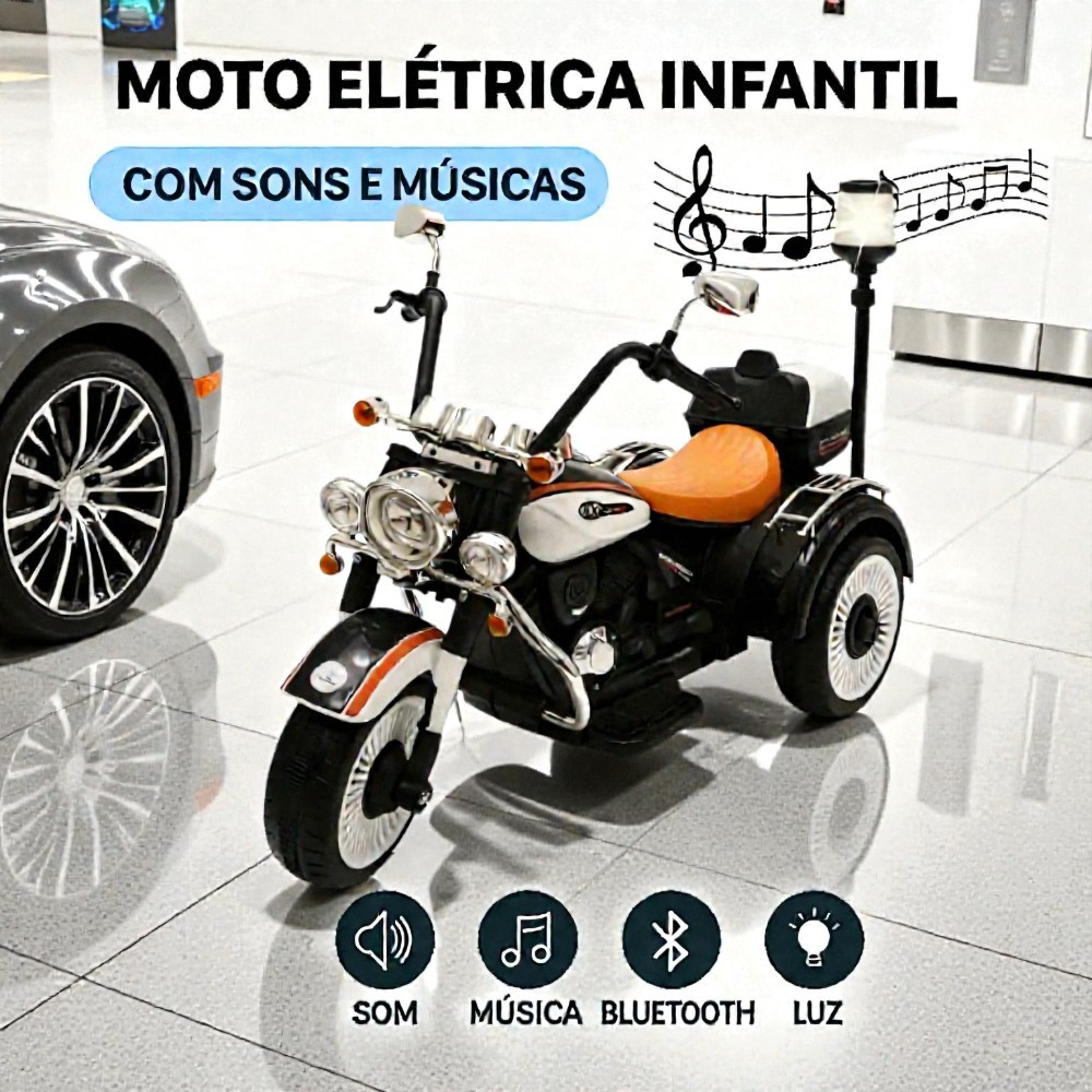 Moto Elétrica Infantil 12V Suporta 30kg Chopper Sirene Branca Motinha Eletrica