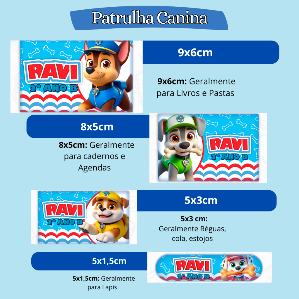 ETIQUETA ADESIVO ESCOLAR PATRULHA  PERSONALIZAMOS VARIOS TEMAS