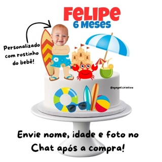 Topo de bolo personalizado Praia / Topper Praia com rostinho do bebe menina ou menino - mesversário em Oferta na Shopee
