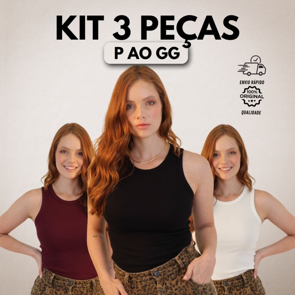 Kit 3 Regatas Canelada - Blusa Ribana Algodão com Elastano - P ao GG - Moda Basica