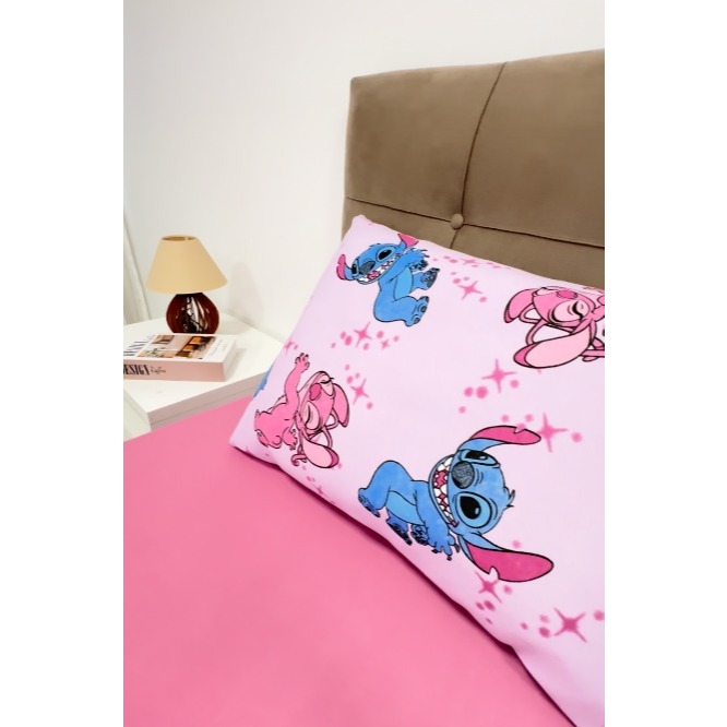 Jogo Lençol e Fronha Disney Stitch Angel Rosa Malha Algodão Infantil ROSA