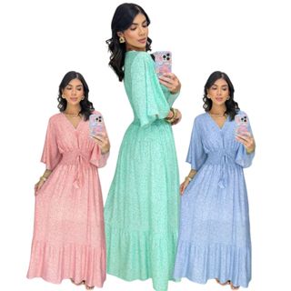 Vestido Longo Feminino Elegante Manga Flare Moda Verão Decote V Elastex Cintura em Oferta na Shopee