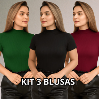 KIT 3 Blusa Canelada Feminina Gola Alta Manga Curta Canelado Premium em Oferta na Shopee