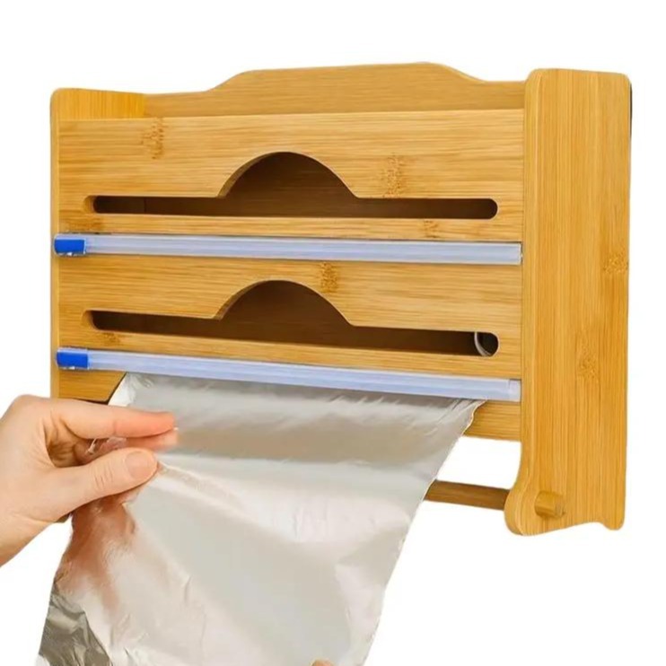 Organizador de Bambu Porta Tempero  Porta Papel Toalha, Porta Plástico Filme  Porta Alumínio C/Cortador - CX269