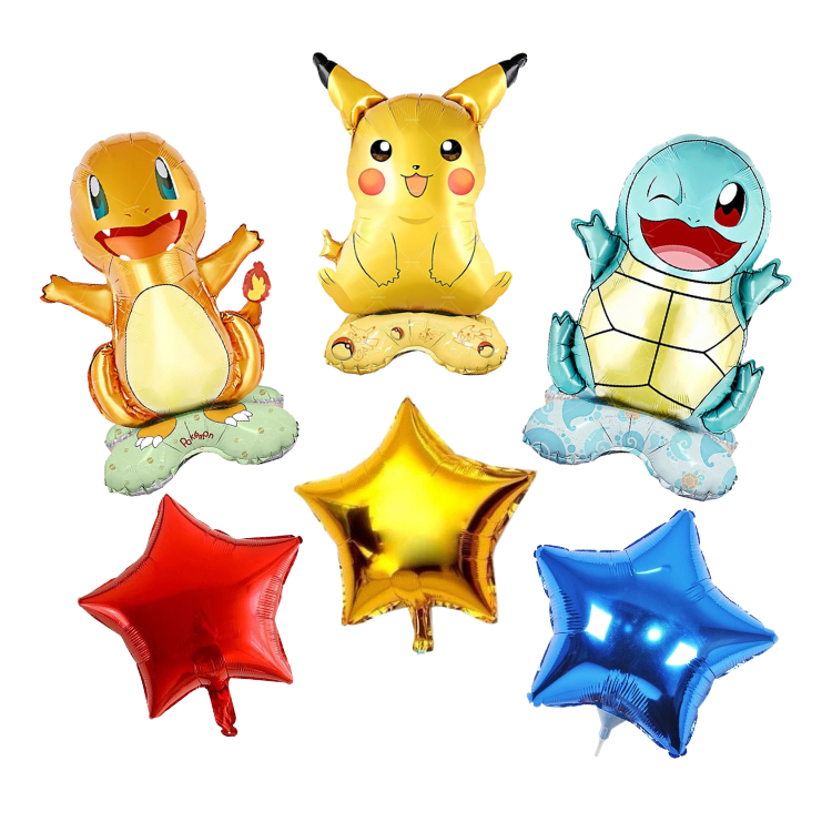 Kit 6 Balão Pokemon Pikachu Charmander Squirtle + Estrela Metalizados