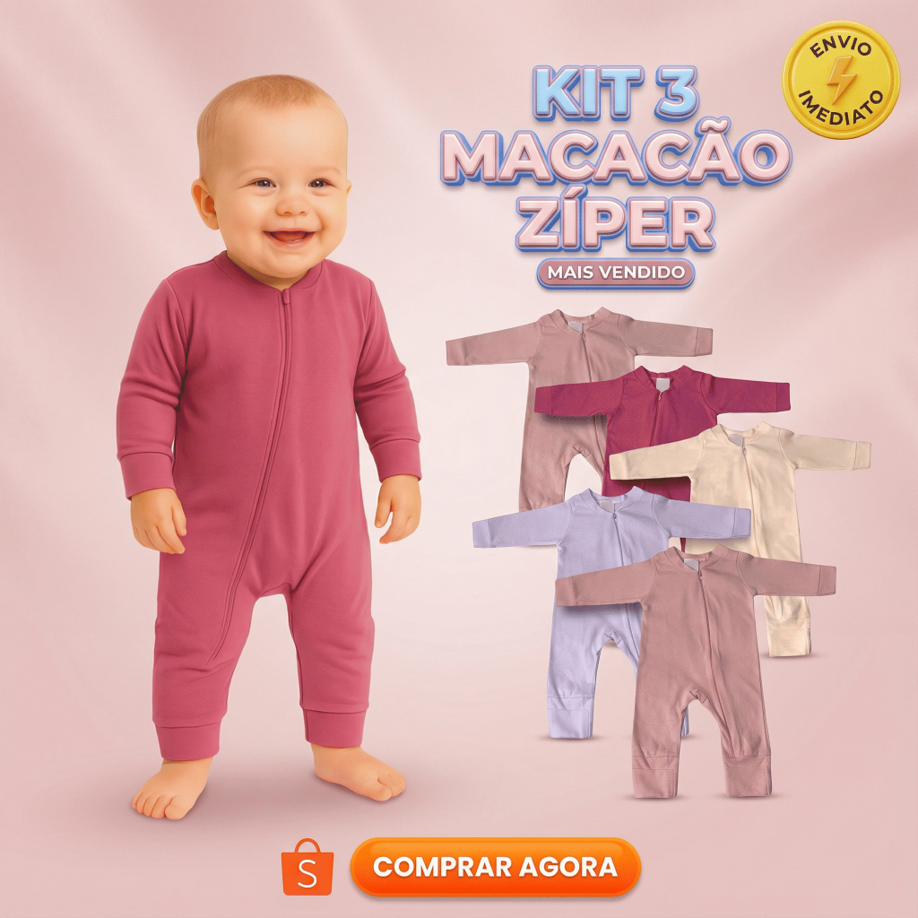 Kit 3 Macacões Menina Liso Bebê Algodão Zíper Vira Pé Inverno Infantil Macio Macacão em Oferta na Shopee