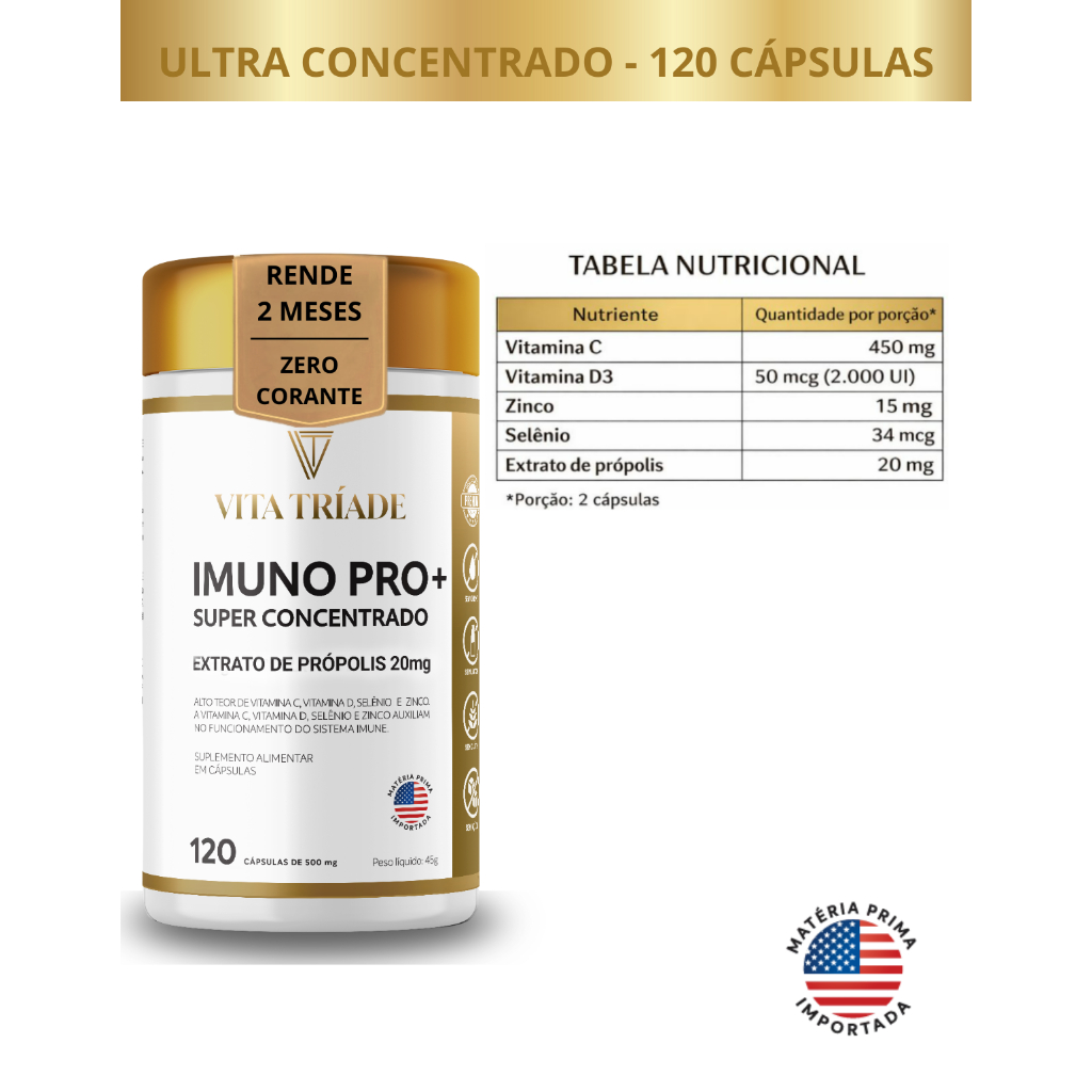 Imunidade Concentrado Vitamina D3 2000 UI, Zinco, Vit C, Selênio e Propolis Verde – 120 Capsulas